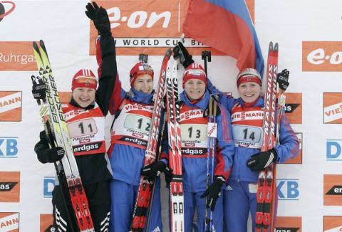 ANISIMOVA Olga, , BOGALIY-TITOVETS Anna, , SOROKINA Natalia, , MALGINA Irina. Hochfilzen 2006 Women Relay