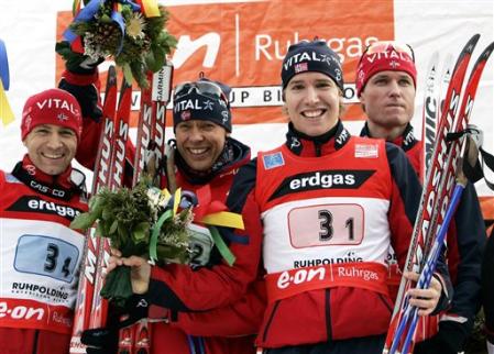 ANDRESEN Frode, , BJOERNDALEN Ole Einar, , HANEVOLD Halvard, , SVENDSEN Emil Hegle. Ruhpolding 2007. Men Relay.