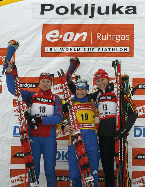 ZIDEK Anna Carin, , WILHELM Kati, , MOISEEVA Tatiana. Pokljuka 2007. Women Sprint.