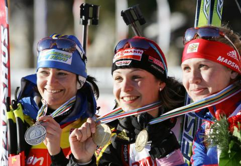 SOROKINA Natalia, , NEUNER Magdalena, , ZIDEK Anna Carin. WCH 2007. Antholz. Women sprint
