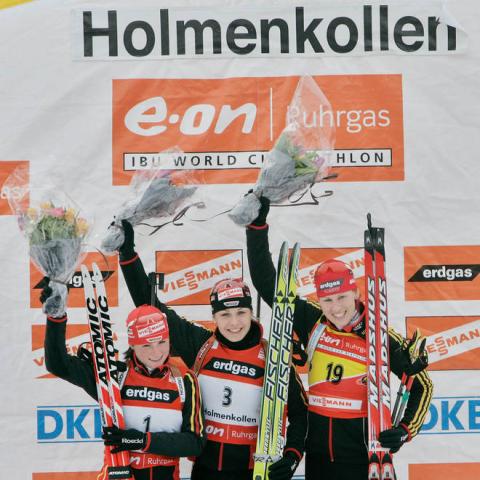 HENKEL Andrea, , NEUNER Magdalena, , WILHELM Kati. Holmenkollen 2007. Women pursuit.