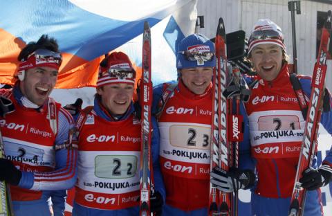 YAROSHENKO Dmitry, , KRUGLOV Nikolay, , MAKOVEEV Andrei, , TCHOUDOV Maxim. Pokljuka 2007. Relay. Men