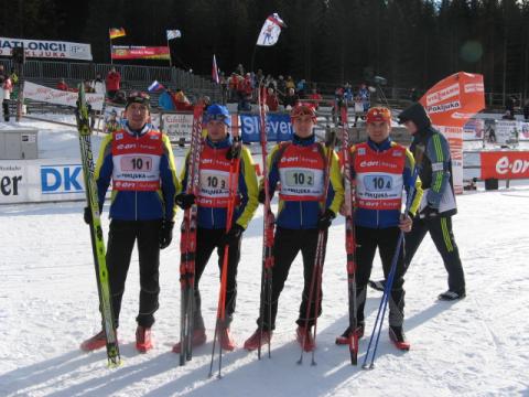 AIDAROV Alexei, , BEREZHNOY Oleg, , DERKACH Vyacheslav, , SEDNEV Serguei. Pokljuka 2007. Ukrainian team