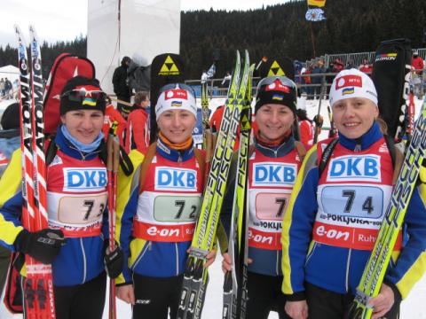 KHVOSTENKO Oksana, , SEMERENKO Valj, , SEMERENKO Vita, , YAKOVLEVA Oksana. Pokljuka 2007. Ukrainian team