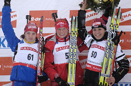 BERGER Tora, , NEUNER Magdalena, , SLEPTSOVA Svetlana. Oberhof 2008 Women Sprint