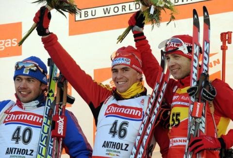 BJOERNDALEN Ole Einar, , GREIS Michael, , KRUGLOV Nikolay. Antholz 2008. Sprint. Men.