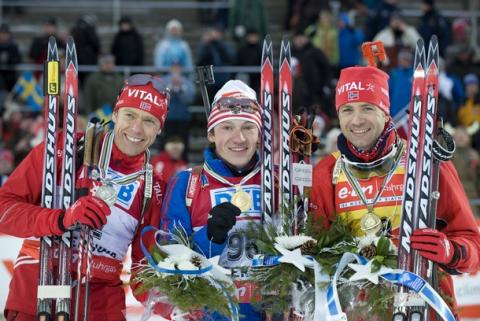 BJOERNDALEN Ole Einar, , HANEVOLD Halvard, , TCHOUDOV Maxim. World Championship 2008. Ostersund. Sprint. Men.