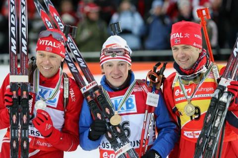 BJOERNDALEN Ole Einar, , HANEVOLD Halvard, , TCHOUDOV Maxim. World Championship 2008. Ostersund. Sprint. Men.