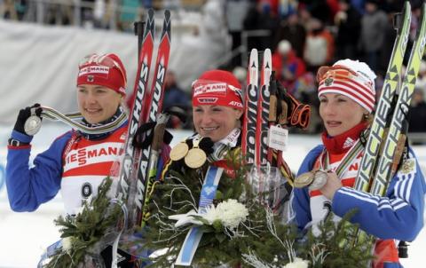 AKHATOVA Albina, , HENKEL Andrea, , IOURIEVA Ekaterina. World Championship 2008. Ostersund. Pursuit. Women.