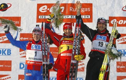 BJOERNDALEN Ole Einar, , TCHOUDOV Maxim, , WOLF Alexander. World Championship 2008. Ostersund. Pursuit. Men.