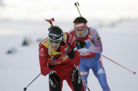 BJOERNDALEN Ole Einar, , TCHOUDOV Maxim. World Championship 2008. Ostersund. Pursuit. Men.