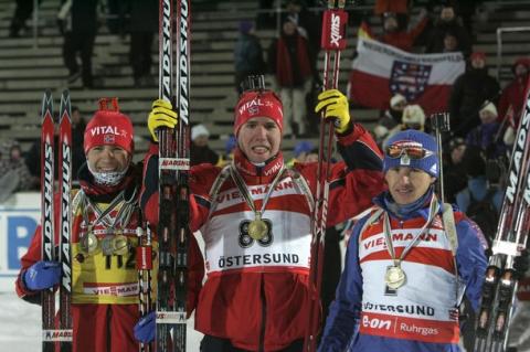 BJOERNDALEN Ole Einar, , SVENDSEN Emil Hegle, , MAKSIMOV Maxim. World Championship 2008. Ostersund. Individual. Men.