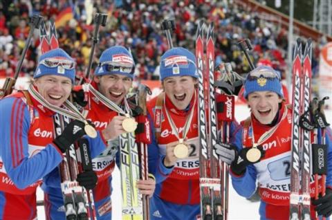 YAROSHENKO Dmitry, , KRUGLOV Nikolay, , TCHEREZOV Ivan, , TCHOUDOV Maxim. World Championship 2008. Ostersund. Relay. Men.