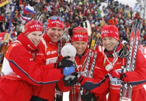 BJOERNDALEN Ole Einar, , HANEVOLD Halvard, , SVENDSEN Emil Hegle, , BRATSVEEN Rune. World Championship 2008. Ostersund. Relay. Men.