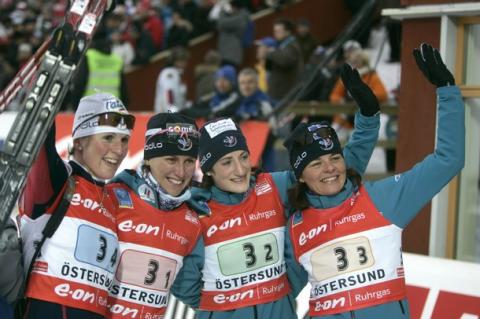 BAILLY Sandrine, , BECAERT Sylvie, , PERETTO Delphine, , BRUNET Marie Laure. World Championship 2008. Ostersund. Relay. Women.