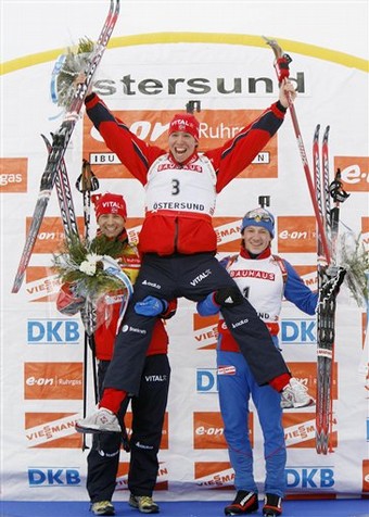 BJOERNDALEN Ole Einar, , SVENDSEN Emil Hegle, , TCHOUDOV Maxim. World Championship 2008. Ostersund. Mass. Men.