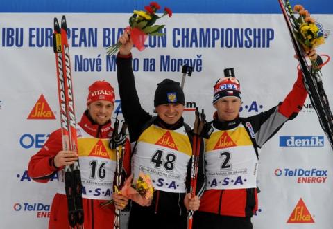 ECKHOFF Stian, , SLESINGR Michal, , GOUSSEV Artem. Euro Championship 2008. Nove Mesto. Men. Sprint.