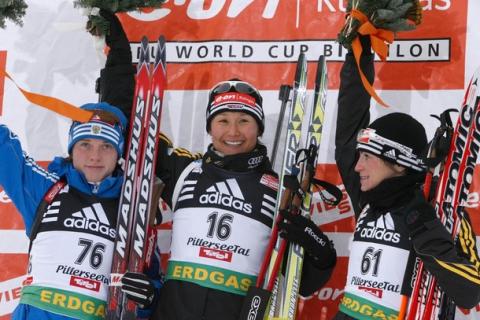 HAUSWALD Simone, , HENKEL Andrea, , SLEPTSOVA Svetlana. Hochfilzen 2008. Sprints.