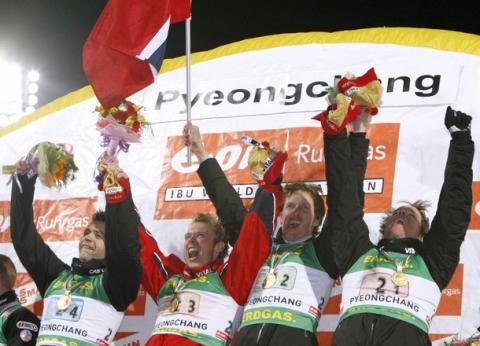 BERGER Lars, , BJOERNDALEN Ole Einar, , HANEVOLD Halvard, , SVENDSEN Emil Hegle. World Championship 2009. Relay. Men.