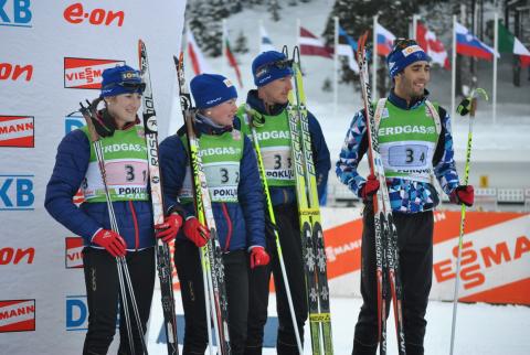 DORIN HABERT Marie, , JAY Vincent, , BRUNET Marie Laure, , FOURCADE Martin. Pokljuka 2010. Mixed relay