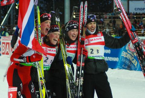 BJOERNDALEN Ole Einar, , BERGER Tora, , FLATLAND Ann Kristin, , BOE Tarjei. World championship 2011. Mixed relay