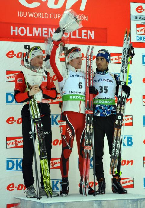 SVENDSEN Emil Hegle, , BOE Tarjei, , FOURCADE Martin. Holmenkollen 2011. Pursuit. Men
