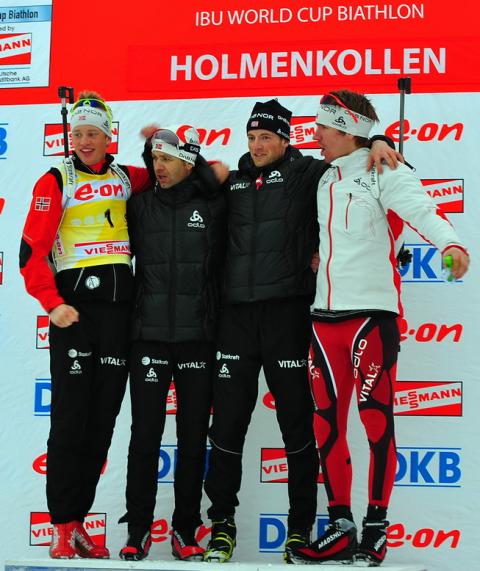 BJOERNDALEN Ole Einar, , OS Alexander, , SVENDSEN Emil Hegle, , BOE Tarjei. Holmenkollen 2011. The last ceremony