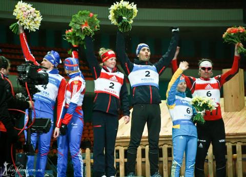 SVENDSEN Emil Hegle, , TCHEREZOV Ivan, , SEMERENKO Vita, , ZAITSEVA Olga, , DORIN HABERT Marie, , FOURCADE Martin. Moscow 2011. Race of the champions