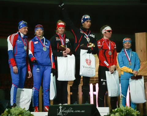 SVENDSEN Emil Hegle, , TCHEREZOV Ivan, , SEMERENKO Vita, , ZAITSEVA Olga, , DORIN HABERT Marie, , FOURCADE Martin. Moscow 2011. Race of the champions