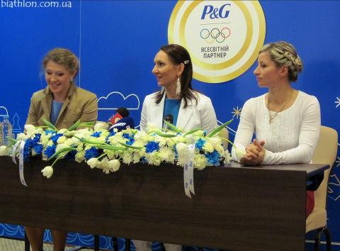 SEMERENKO Valj, , BILOSYUK Olena, , DZHIMA Yuliia. Ukrainian women biathlon team, P&G promo