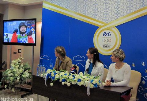 SEMERENKO Valj, , BILOSYUK Olena, , DZHIMA Yuliia. Ukrainian women biathlon team, P&G promo