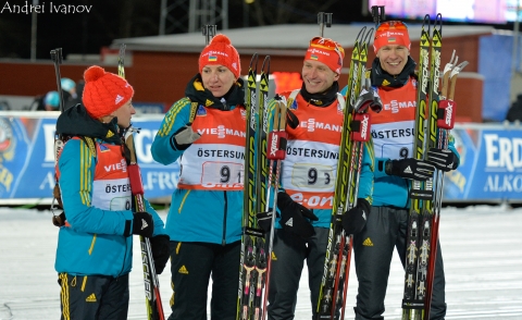 DERYZEMLYA Andriy, , SEMERENKO Valj, , BILOSYUK Olena, , SEMENOV Serhiy. Ostersund 2013. Ukraine 3rd in mixed relay