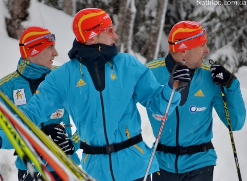 BILANENKO Olexander, , SEMENOV Serhiy, , PIDRUCHNUY Dmytro. Hochfilzen 2013. Pursuit and relay (men)