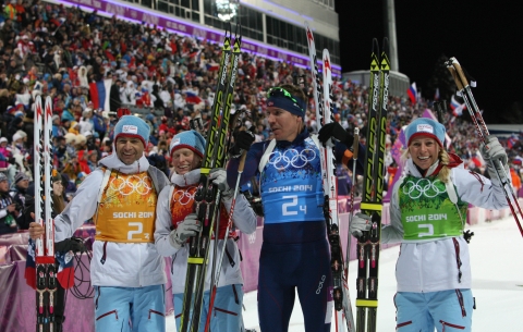 BJOERNDALEN Ole Einar, , SVENDSEN Emil Hegle, , BERGER Tora, , ECKHOFF Tiril. Sochi 2014. Mixed relay