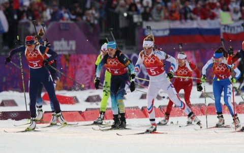 BERGER Tora, , DORIN HABERT Marie, , BURDYGA Natalya, , WIERER Dorothea, , GASPARIN Elisa. Sochi 2014. Mixed relay