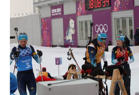 DERYZEMLYA Andriy, , BURDYGA Natalya, , SEMENOV Serhiy. Sochi 2014. Mixed relay