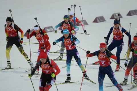 GASPARIN Selina, , SEMERENKO Vita, , ROMANOVA Iana, , HORN-BIRKELAND Fanny, , CRAWFORD Rosanna, , PREUSS Franziska. Sochi 2014. Golden relay