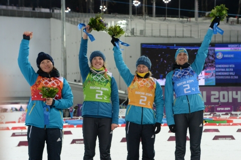 SEMERENKO Valj, , SEMERENKO Vita, , BILOSYUK Olena, , DZHIMA Yuliia. Sochi 2014. Golden relay