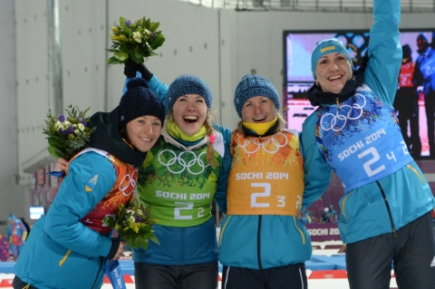 SEMERENKO Valj, , SEMERENKO Vita, , BILOSYUK Olena, , DZHIMA Yuliia. Sochi 2014. Golden relay
