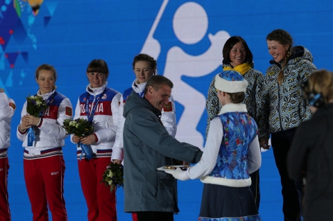SEMERENKO Vita, , DZHIMA Yuliia. Sochi 2014. Golden relay award ceremony