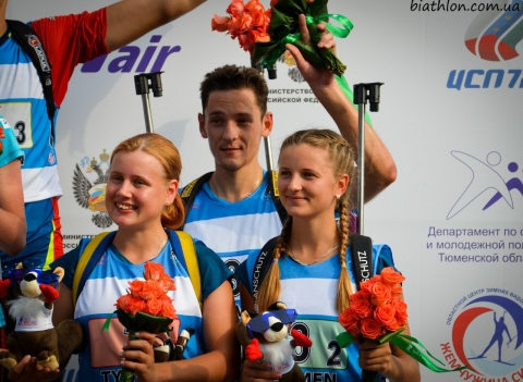 MERKUSHYNA Anastasiya, , ZHURAVOK Yuliya, , TISHCHENKO Artem. Tyumen 2014. Summer WCH. Mixed relay. Juniors