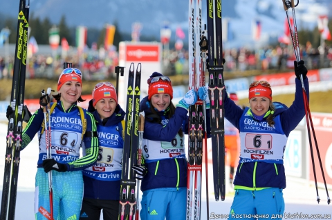 SEMERENKO Valj, , BILOSYUK Olena, , DZHIMA Yuliia, , ABRAMOVA Olga. Hochfilzen 2015. Ukraine 3rd in relay