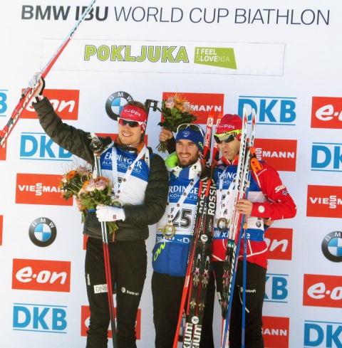 BJOERNDALEN Ole Einar, , SVENDSEN Emil Hegle, , BEATRIX Jean Guillaume. Pokljuka 2015. Pursuits and mass-starts