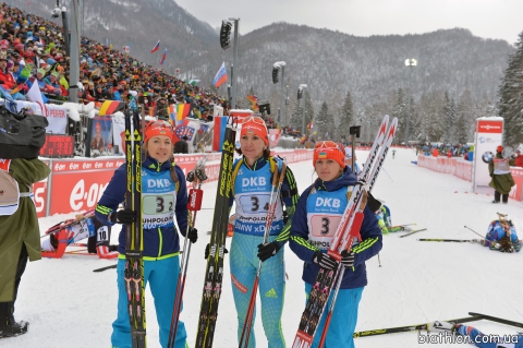 BILOSYUK Olena, , DZHIMA Yuliia, , PETRENKO Iryna. Ruhpolding 2016. Ukraine triumps in the relay