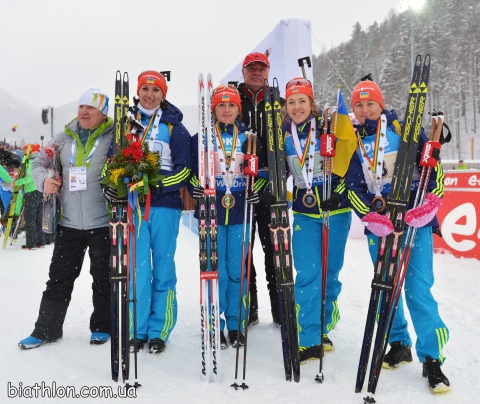 SEMERENKO Valj, , BILOSYUK Olena, , DZHIMA Yuliia, , PETRENKO Iryna, , LYNNYK Anatoliy. Ruhpolding 2016. Ukraine triumps in the relay