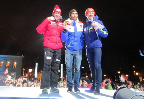 BJOERNDALEN Ole Einar, , SEMENOV Serhiy, , FOURCADE Martin. WCH 2016. Evening medal ceremony