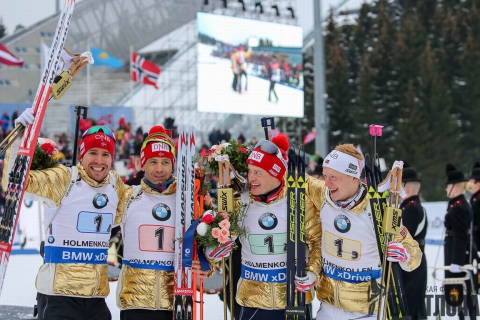 BJOERNDALEN Ole Einar, , SVENDSEN Emil Hegle, , BOE Tarjei, , BOE Johannes Thingnes. WCH 2016. Men relay
