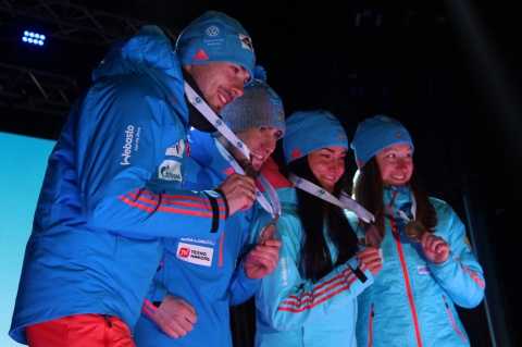 SHIPULIN Anton, , LOGINOV Alexandr, , AKIMOVA Tatiana, , PODCHUFAROVA Olga. Hochfilzen 2017. Mixed relay