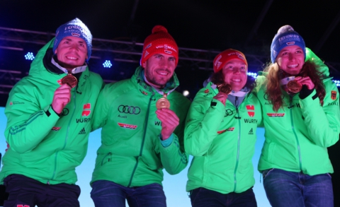 PEIFFER Arnd, , SCHEMPP Simon, , DAHLMEIER Laura, , HINZ Vanessa. Hochfilzen 2017. Mixed relay