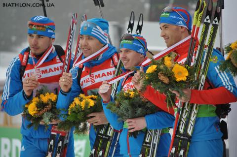 MAKOVEEV Andrei, , MALYSHKO Dmitry, , SHIPULIN Anton, , USTYUGOV Evgeny. Hochfilzen 2011. Relay. Men